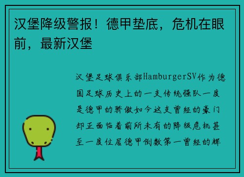 汉堡降级警报！德甲垫底，危机在眼前，最新汉堡