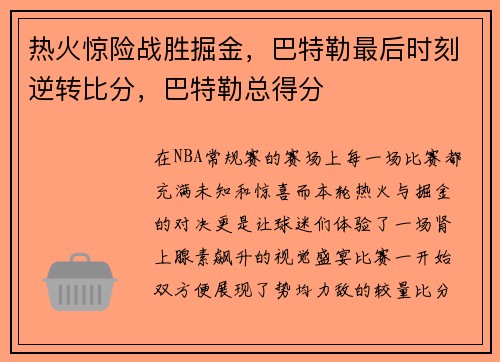 热火惊险战胜掘金，巴特勒最后时刻逆转比分，巴特勒总得分