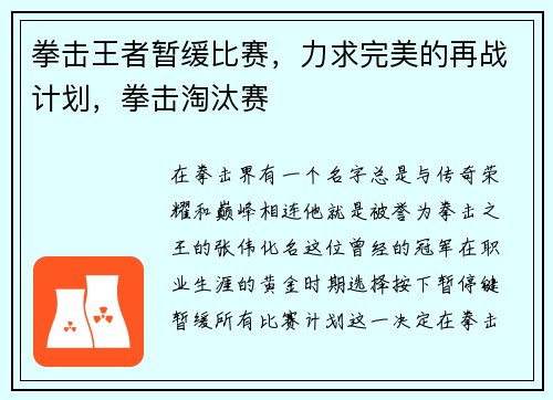 拳击王者暂缓比赛，力求完美的再战计划，拳击淘汰赛