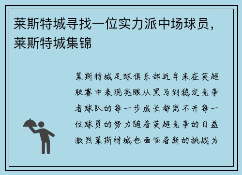 莱斯特城寻找一位实力派中场球员，莱斯特城集锦