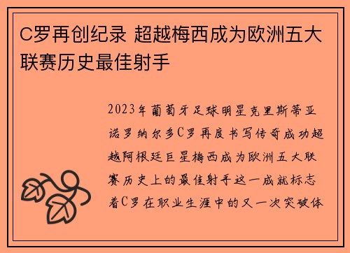 C罗再创纪录 超越梅西成为欧洲五大联赛历史最佳射手