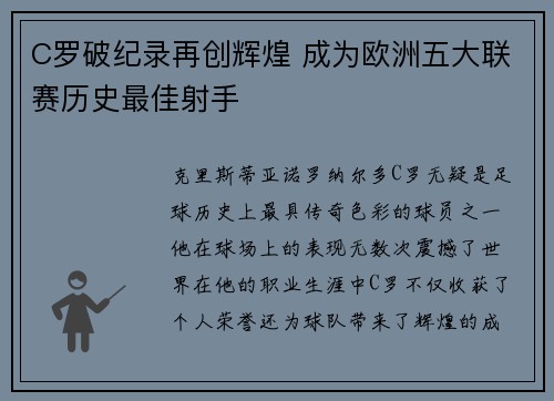 C罗破纪录再创辉煌 成为欧洲五大联赛历史最佳射手
