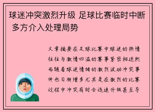 球迷冲突激烈升级 足球比赛临时中断 多方介入处理局势