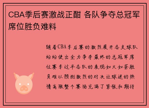 CBA季后赛激战正酣 各队争夺总冠军席位胜负难料